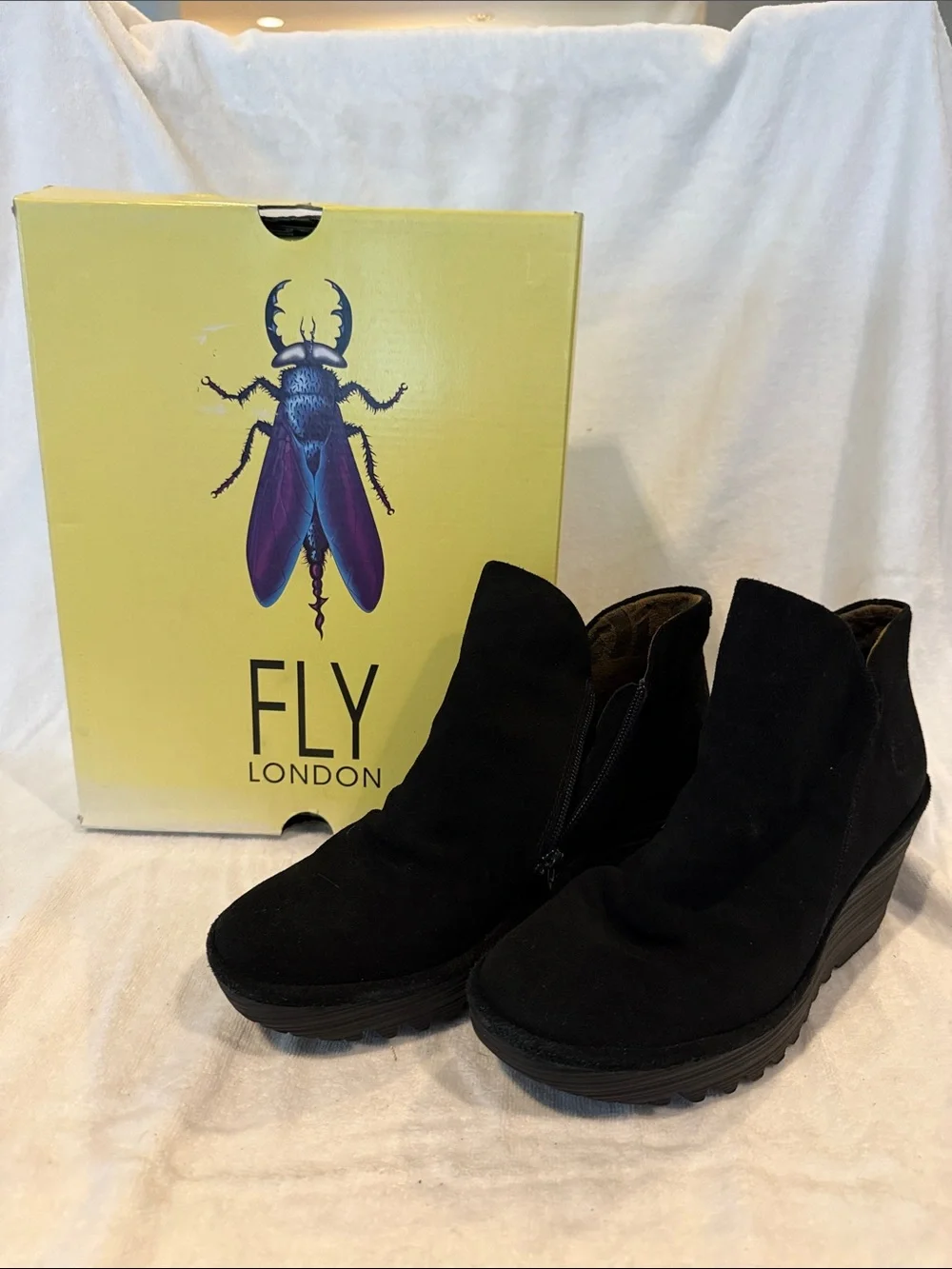 Fly London Black Suede Wedge Ankle Booties